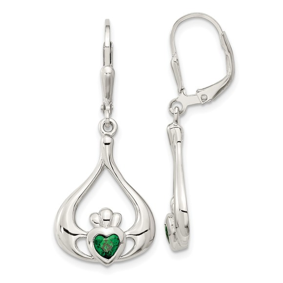925 Sterling Silver Rhod-pltd Grn CZ Heart Leverback Claddagh Dangle Earrings